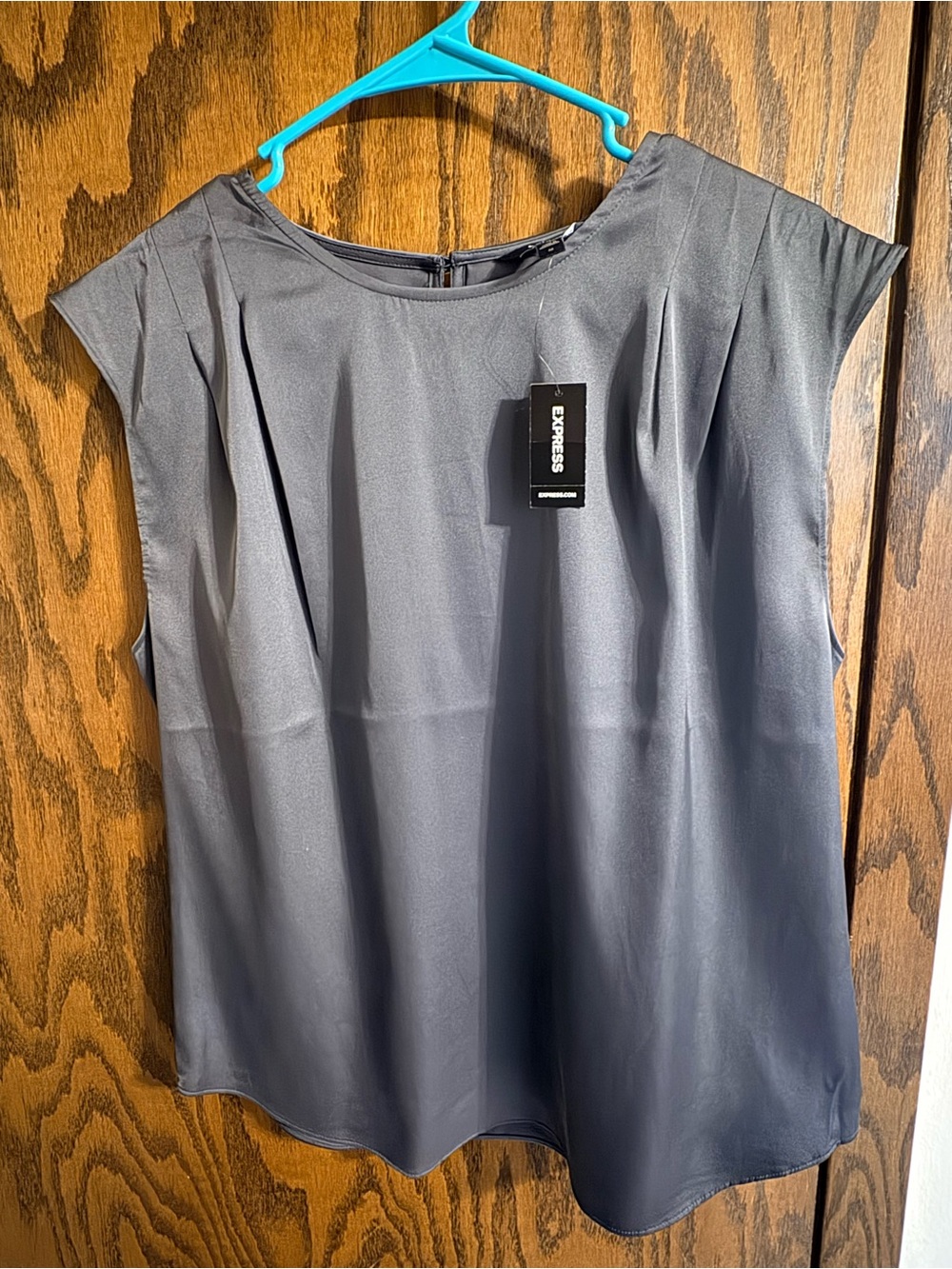 Express Satin Pleat-Front Cap Sleeve Top in Steel Gray